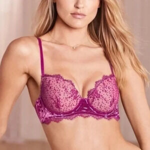 New! Victoria’s Secret Dream Angels Lined Demi Purple Pink Velvet Lace Bra 16140
